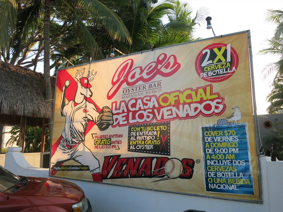 Joe's Oyster Bar sign for Venados in Mazatlán