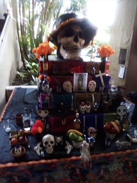 Traditional structural ofrenda altar elements with marigold flowers