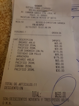 Restaurant bill in Mazatlán, Sinaloa, Mexico
